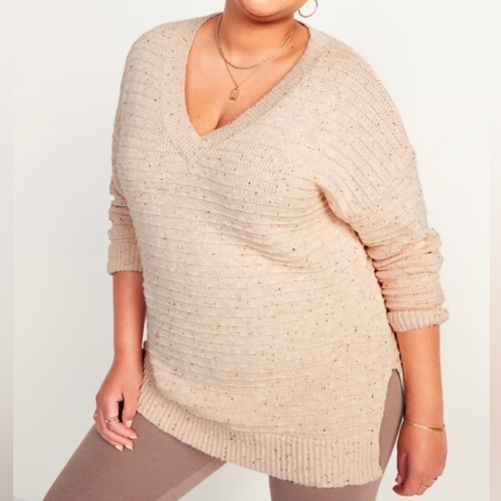 Old Navy Beige Speckled Ribbed Knit V-Neck Sweater Neutral Size Medium Petite